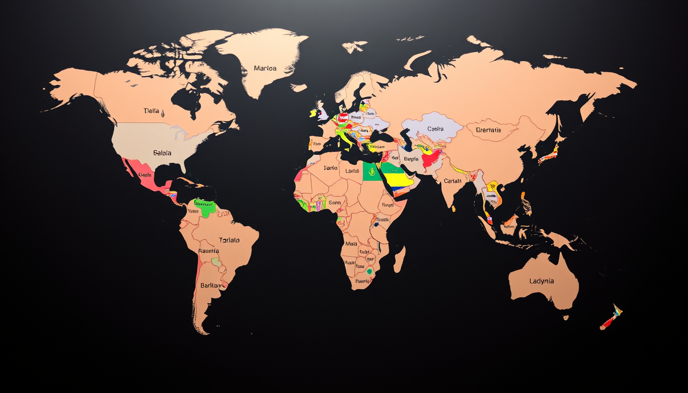 Main art studio: can you create me a photo of the world map and each continent should be written in it most spoken languages in each country i mean the whole world and