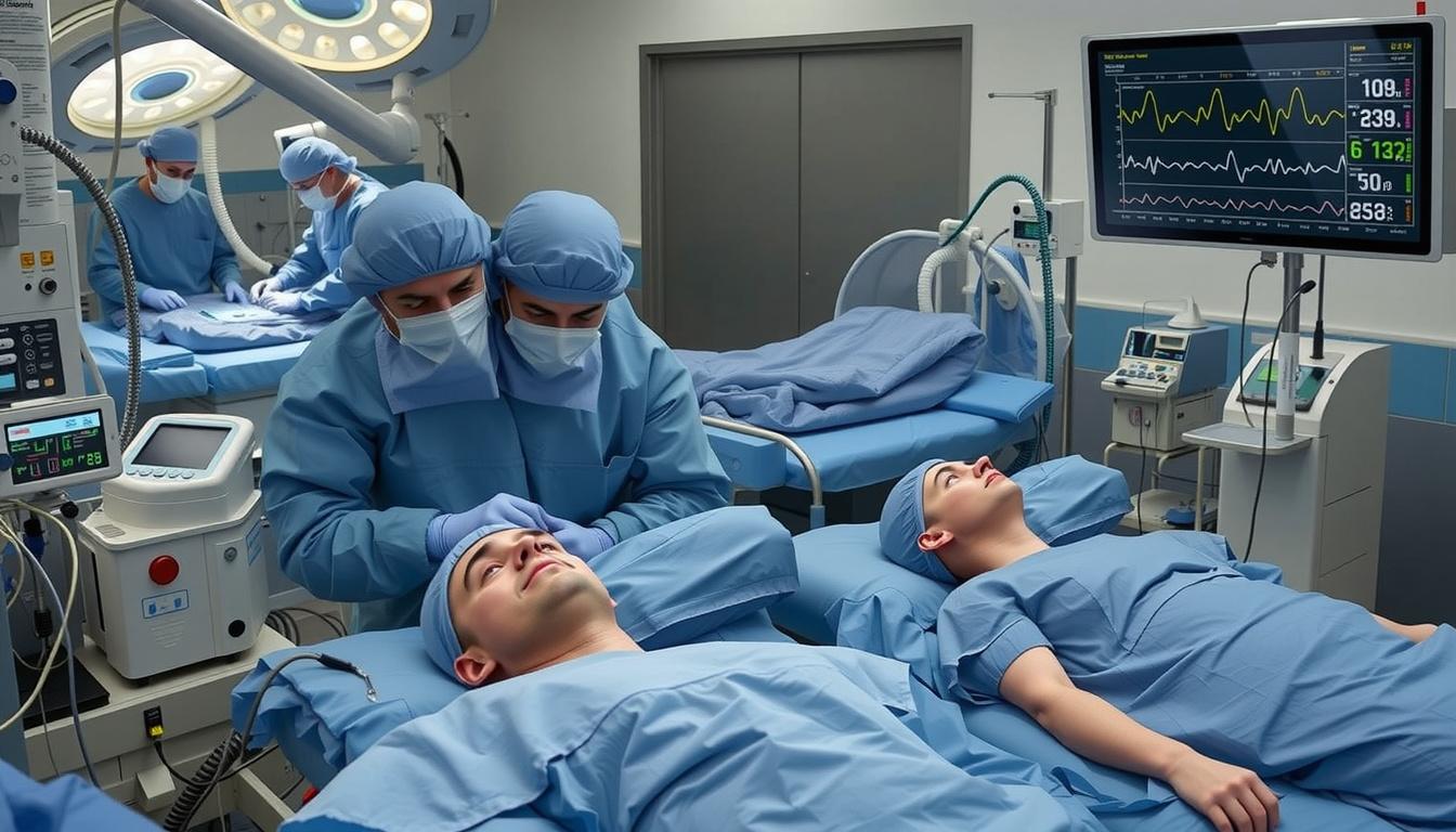 Main art studio: Animate this medical documentary with slow, realistic cinematic motion. Gently pan from inhalational to intravenous anaesthesia. The anaesthesiologist