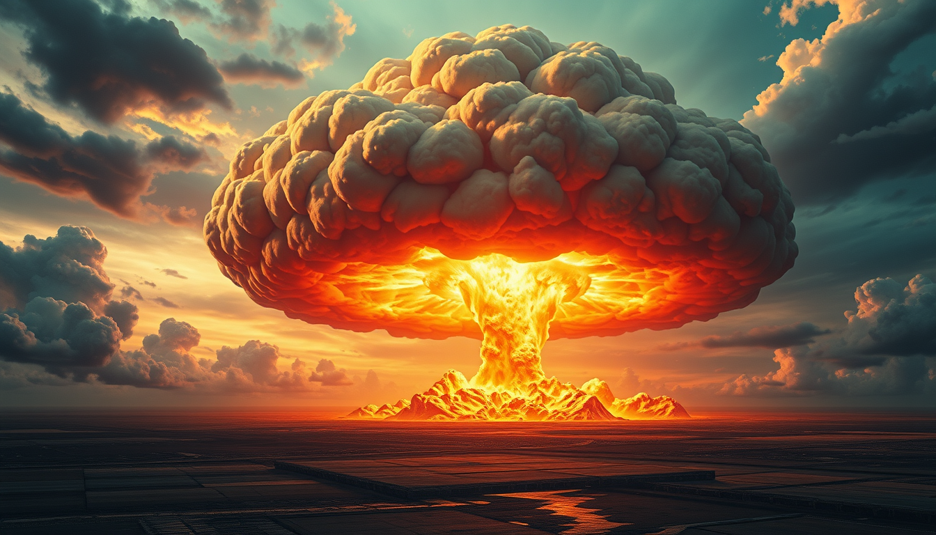 Wallpapers idea: wallpaper artwork, wide atmospheric scene or bold pattern, high detail, huge atomic explsion with huge mushroom cloud 5000 kilo-tonnes of diplomacy ,