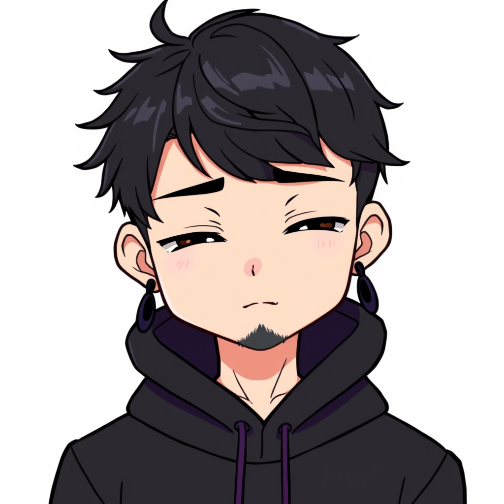 VTuber Avatar idea created from the prompt: vtuber avatar, anime style bust, expressive eyes, streaming overlay ready, Anime chibi man, messy black hair, half-closed brown eyes, small