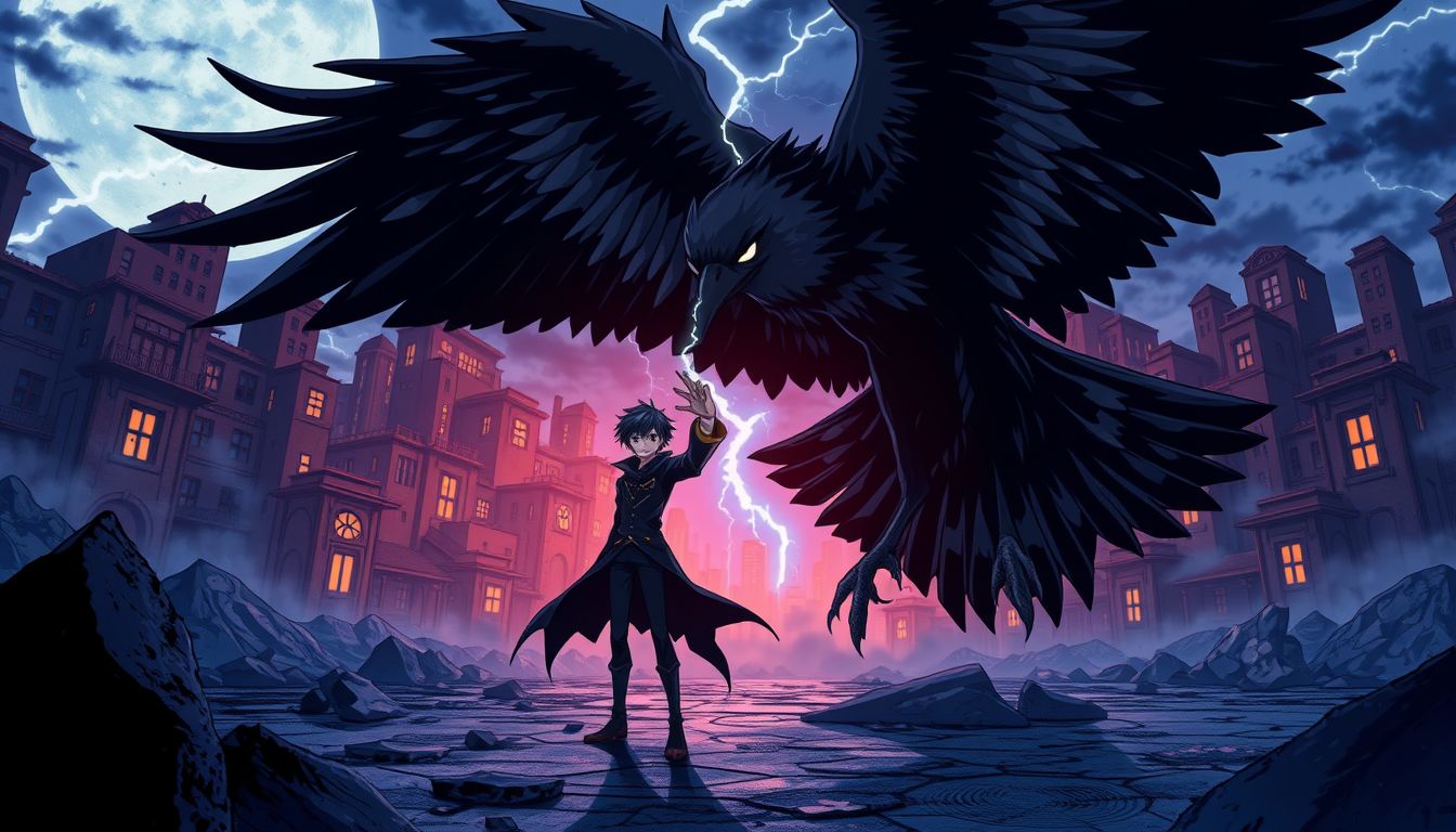 Anime idea: anime style, vibrant colors, expressive eyes, Megumi Fushiguro summons Karasu, his unique shadow shikigami. Megumi stands in a ruined city at night, f