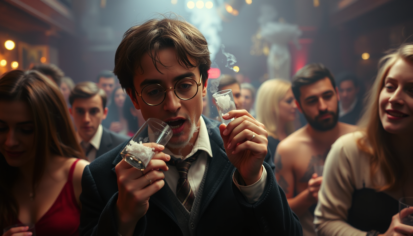 Main art studio: Harry potter in a club taking cocaine, many people in the background