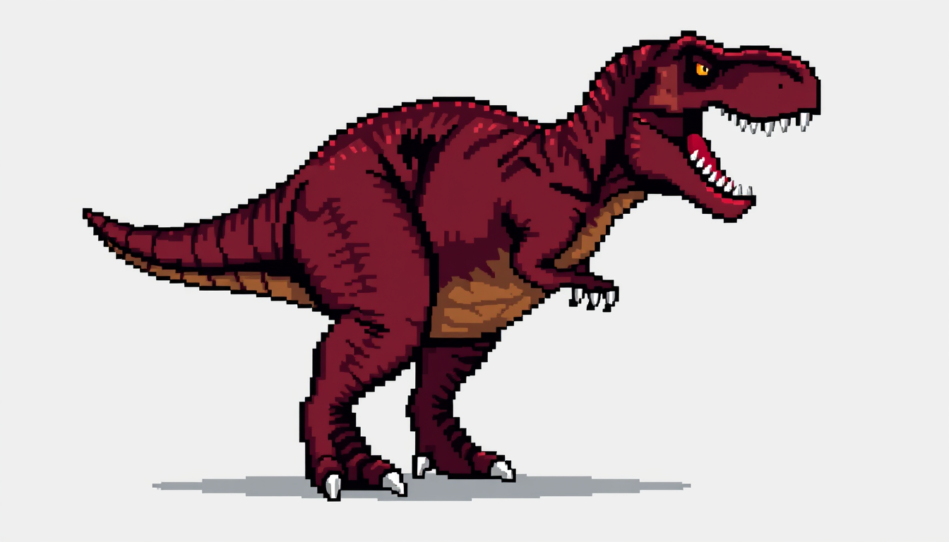 Main art studio: 16-bit pixel art video game sprite of a Tyrannosaurus rex, full body, side view, facing right, dark red and brown scales, huge jaws, visible teeth, mu