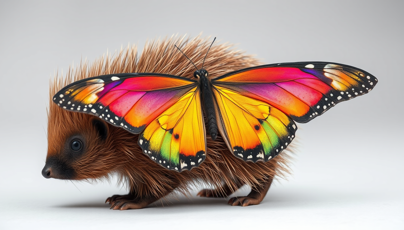 Main art studio: A 3/4 view of a single brown porcupine with a single pair of large colorful butterfly wings attached at the middle of its spine. The wings are as long