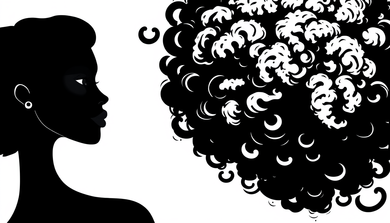 Main art studio: Black-and-white stylized illustration of a Black woman in left-facing side-profile silhouette. Solid black face with a graceful feminine forehead, def