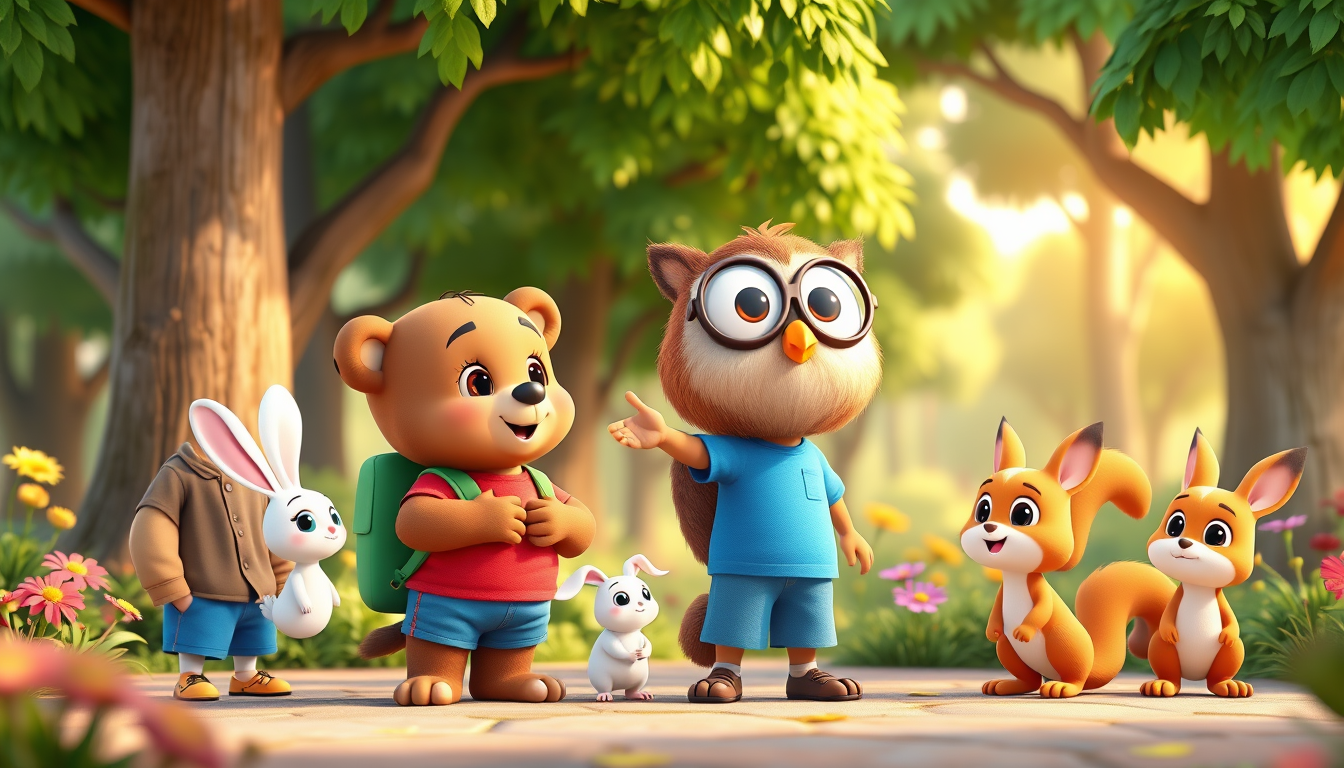 Main art studio: 3D animated children's cartoon. Bruno, a cute brown bear in a red T-shirt, blue shorts, and green backpack, listens to Oliver, a friendly brown owl wi