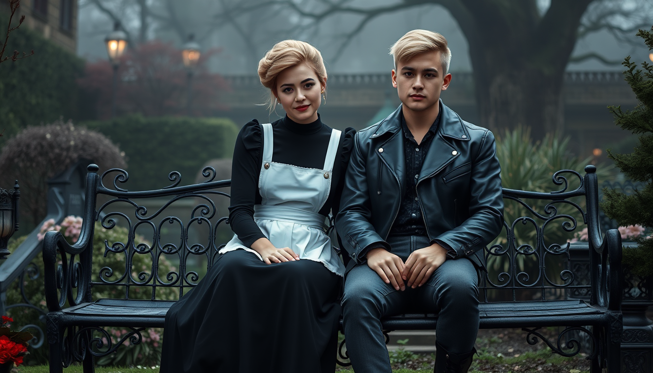 Main art studio: Two Korean mother and son sitting on a wrought-iron bench in a Victorian gothic garden. Leysa/Yunisa is a beautiful blonde Korean woman with her hair