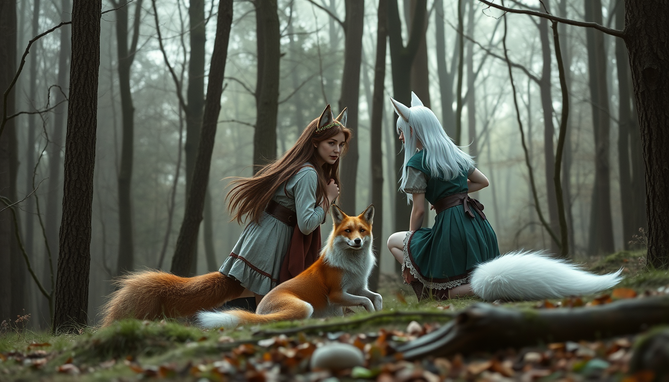 Main art studio: 2 human girls one fox 6 tails white in the woods