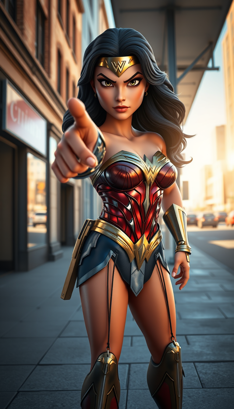 Main art studio: A highly detailed 3D-style scene of Wonder Woman standing on a city sidewalk during the daytime, looking directly at the camera with an angry and dete