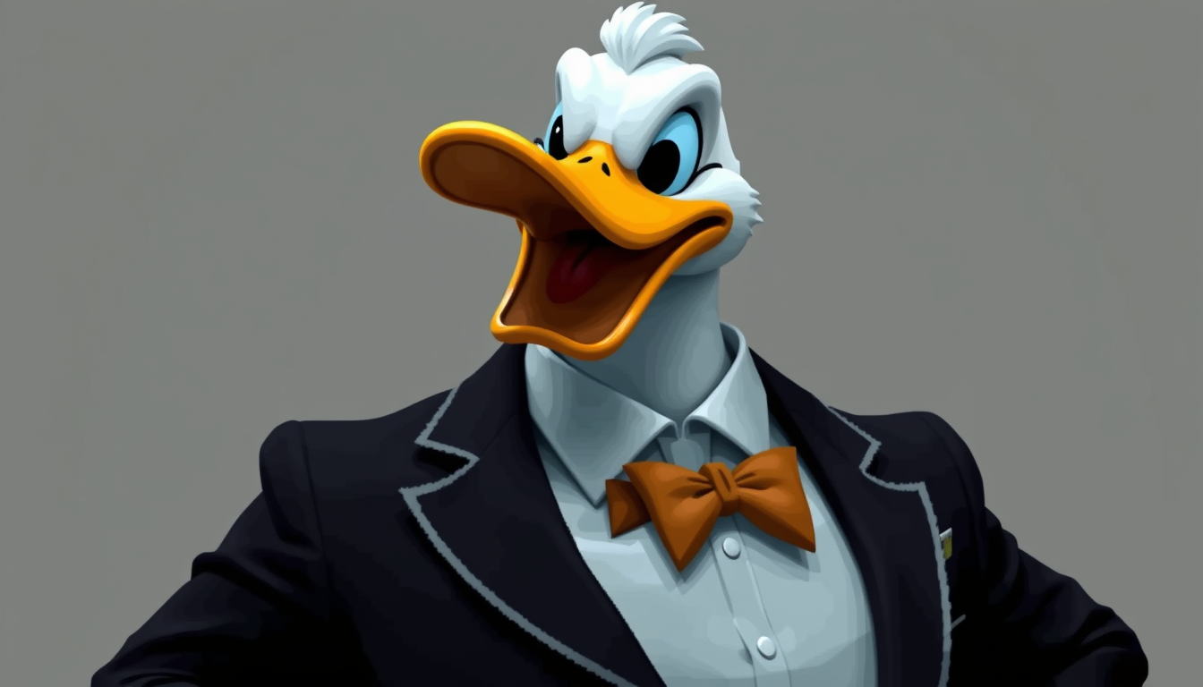 AI Art prompt example created from the prompt: Donald duck with suit on his upper body. But with the facial features of Messiah Hallberg. The groin shoukd be pixeled