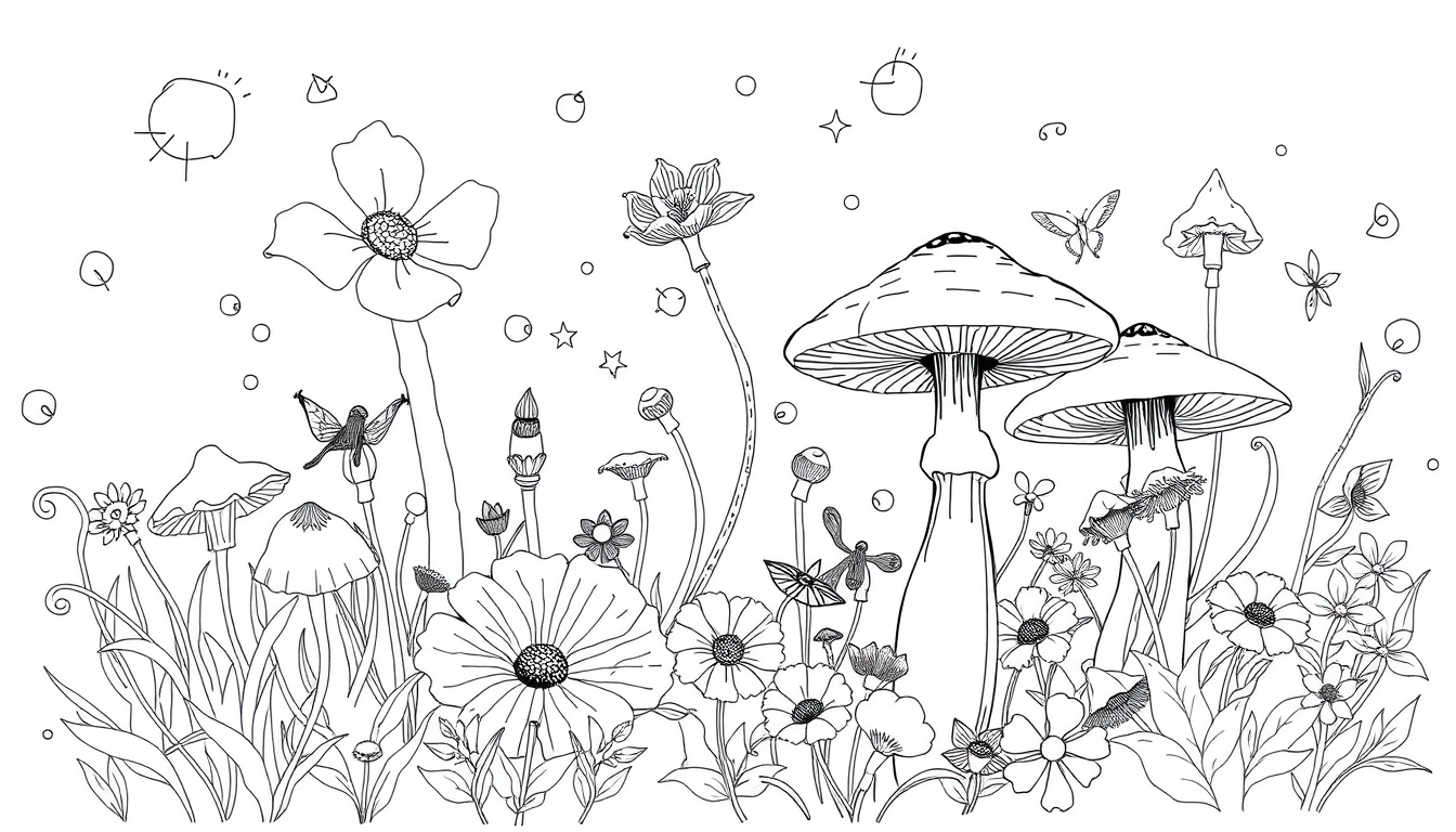 Main art studio: sketch up some line art of some flowers and flowers with some squiggles and lines and big thick bold lines and mushrooms and complex flowers and simpl
