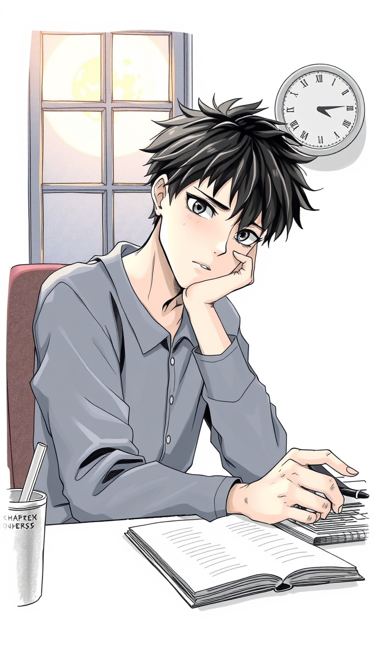 Anime idea: anime style, vibrant colors, expressive eyes, Traditional hand-drawn 2D anime manga, black-and-white pencil and ink sketch, light gray shading, natura