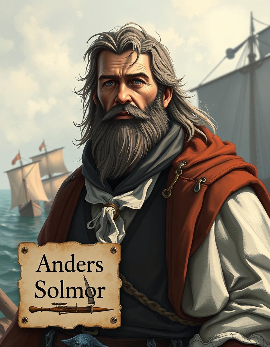 Main art studio: Una humano con vestimentas de noble, con una sonrisa amplia de rasgos marcados. La imagen es de cintura para arriba y quiero que debajo ponga un carte