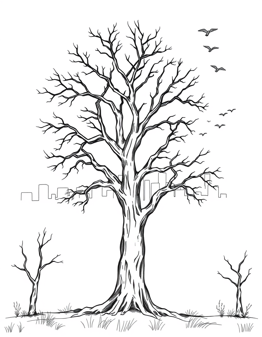 AI Art prompt example created from the prompt: Drawing outline of dead tree in middle of page, with a cityscape in the background, birds in the sky, and small dead tress on the sides. Mak