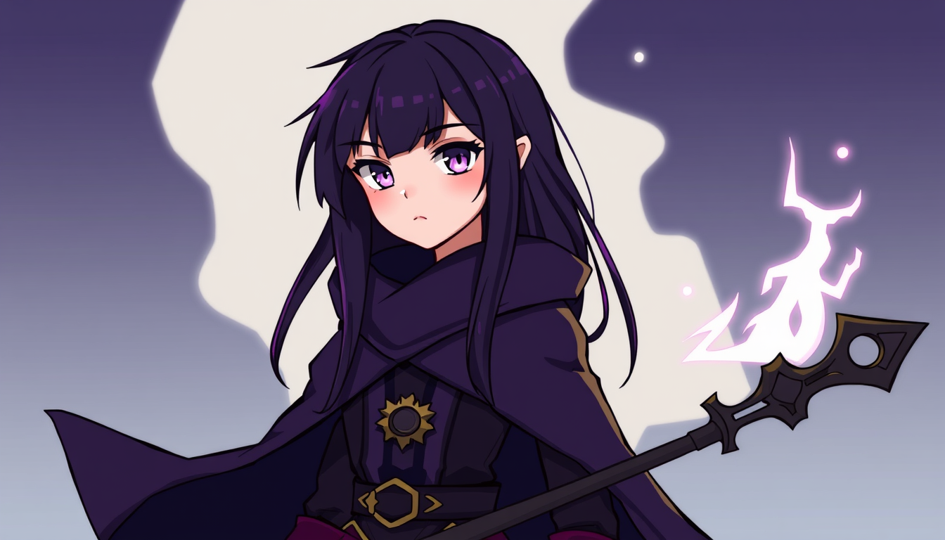 Main art studio: Fern from Frieren: Beyond Journey’s End, young mage, long straight dark purple hair with bangs, violet eyes, calm serious expression, purple and black