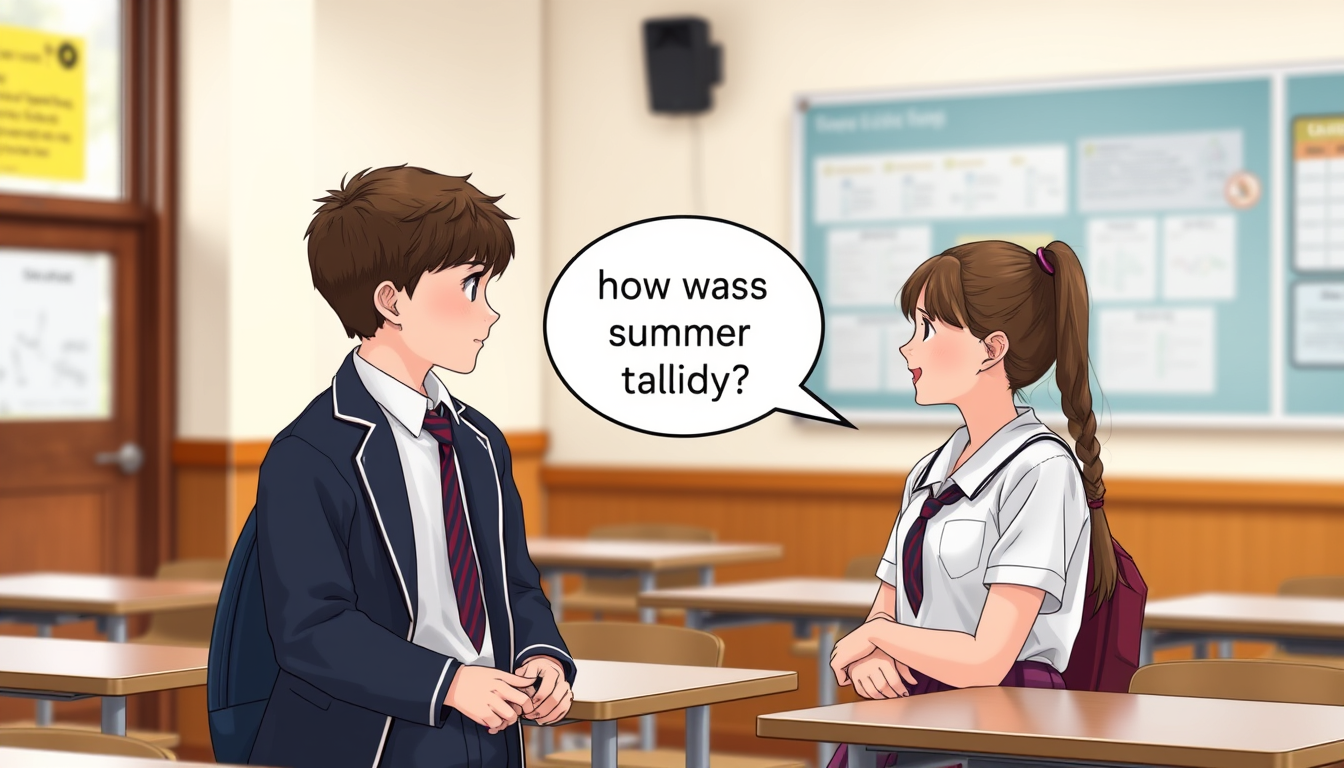 Main art studio: a boy and girl in school uniform meeting in a classroom. One student has a speech bubble with the question "how was your summer holiday?"