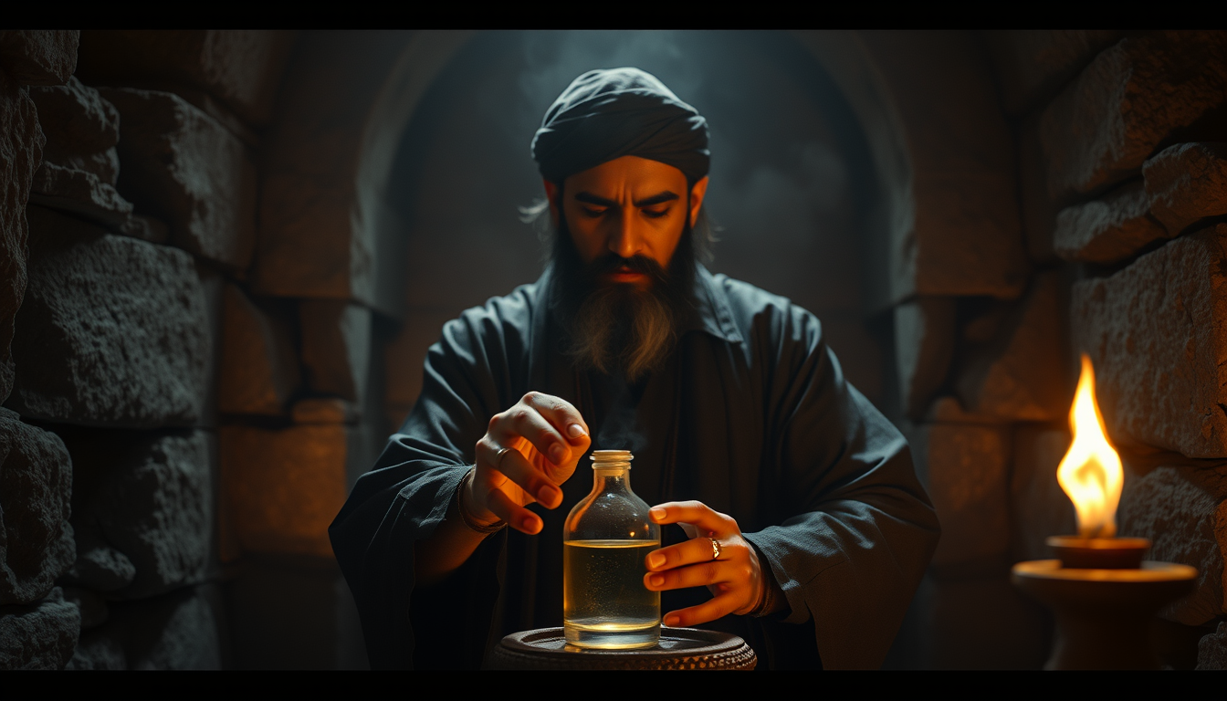 Main art studio: Singhiya, an adult tantric in dark traditional robes, secretly performing a fictional magical ritual over a small glass perfume bottle inside an old s