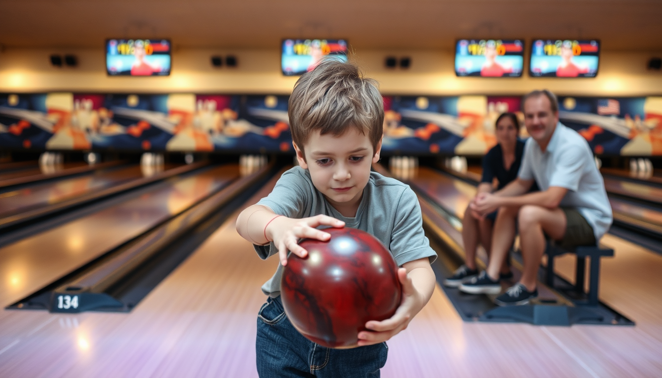 Main art studio: bowling spielen 3 erwachsene (männlich) und einmal ich 12 jahre (junge) ich bin grad dran und man sieht wie ich als person grade einen strike hit die 