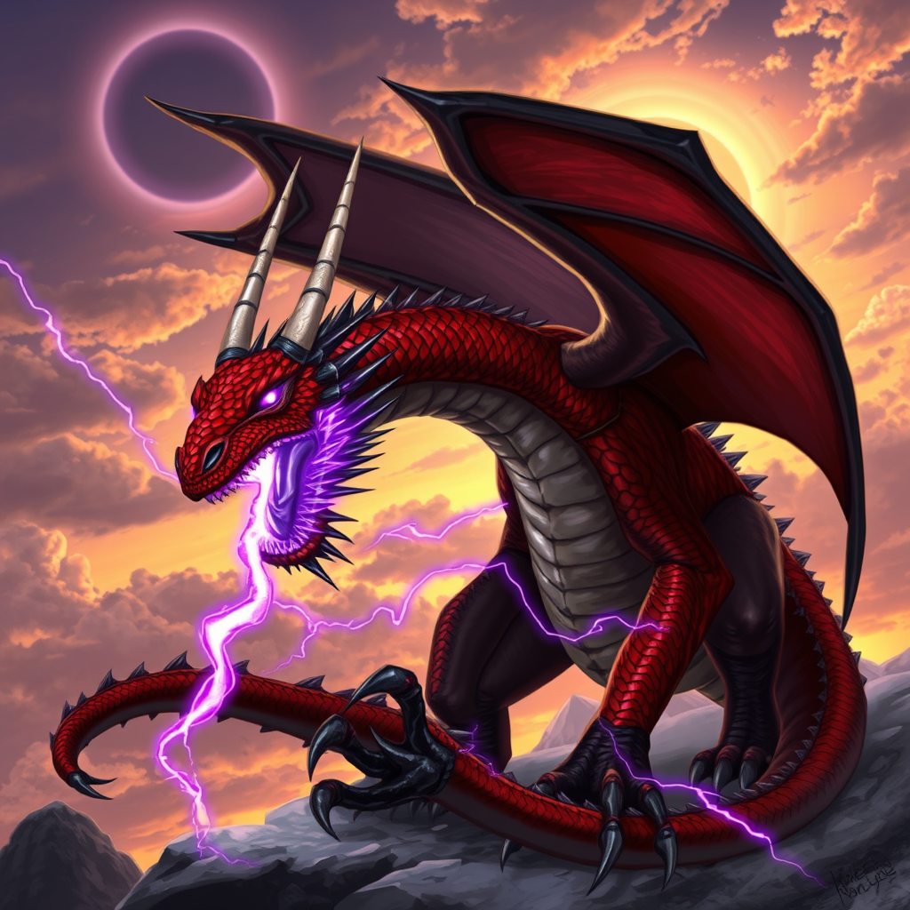 AI Art prompt example created from the prompt: A long, serpentine dragon with black, cracked, claw-like legs and huge dragon wings on its back; straight white horns and spines beneath its