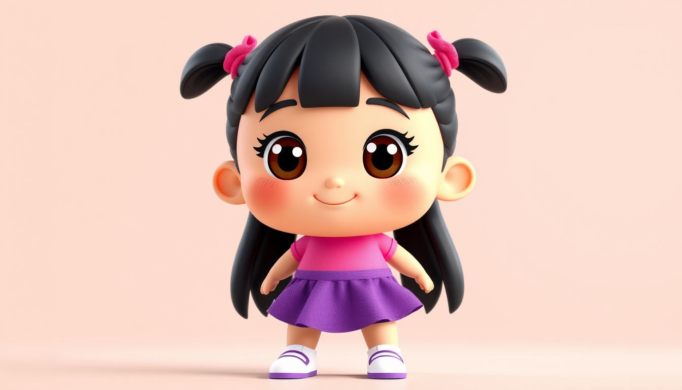Main art studio: A cute 5-year-old cartoon girl named Mia, designed in exactly the same 3D children's animation style as Aru, big expressive brown eyes, small round fa