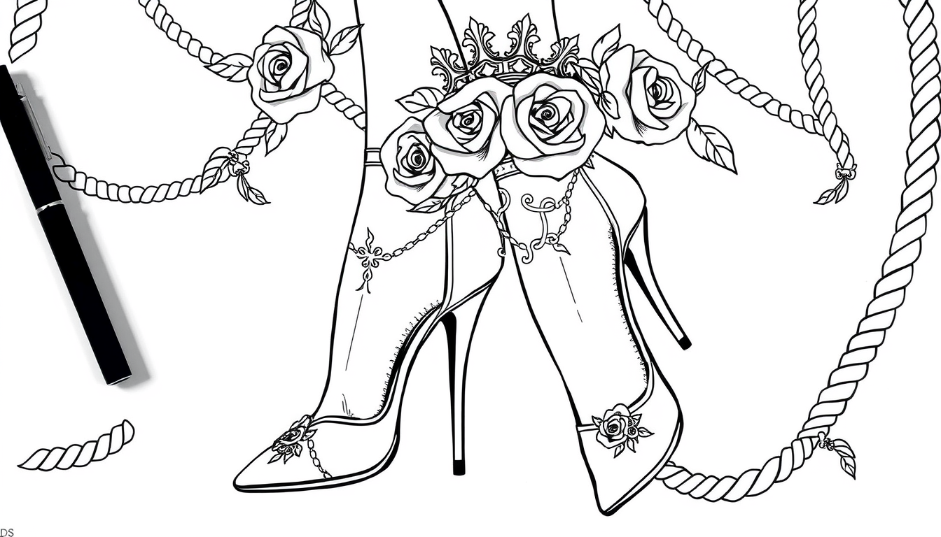 Main art studio: generiere bilder zum thema :adult coloring book illustration, elegant, bdsm insired aesthetic, high heels , decorative ropes , crown and roses,intrica