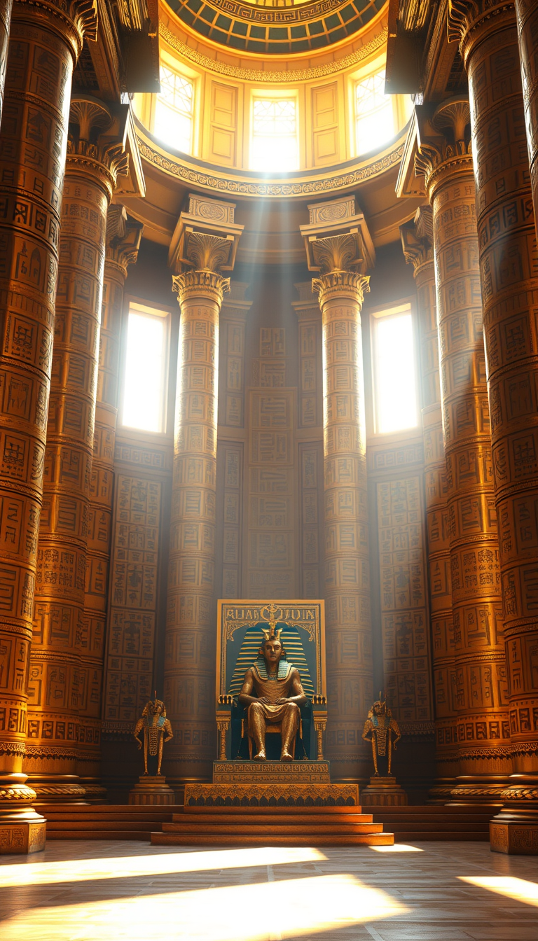 Main art studio: Wide cinematic shot of a massive golden Egyptian throne room, tall hieroglyph-covered columns, [Pharaoh description] sitting on an ornate golden thron