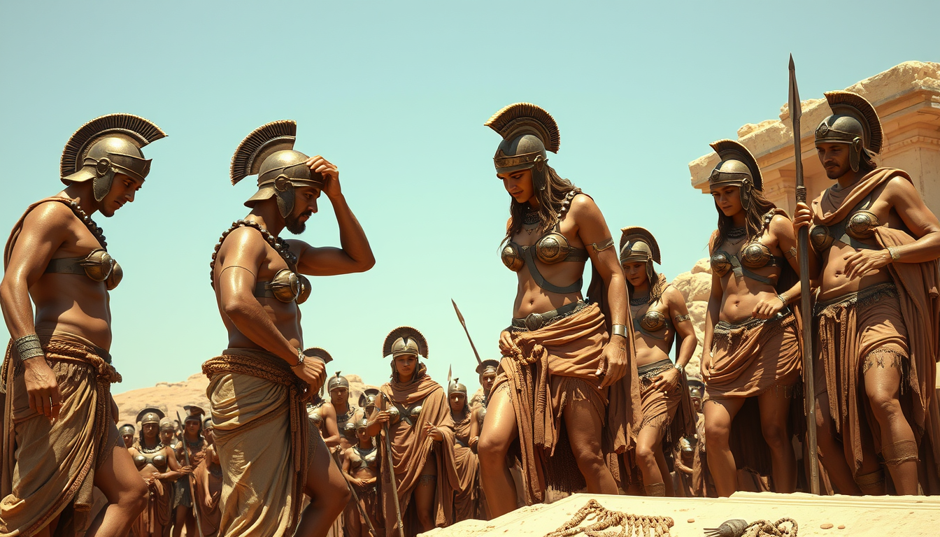 Main art studio: bronze age male greek soldiers taking conquered persian noble women as concubines, inspecting their bodies after having removed every bit of the women