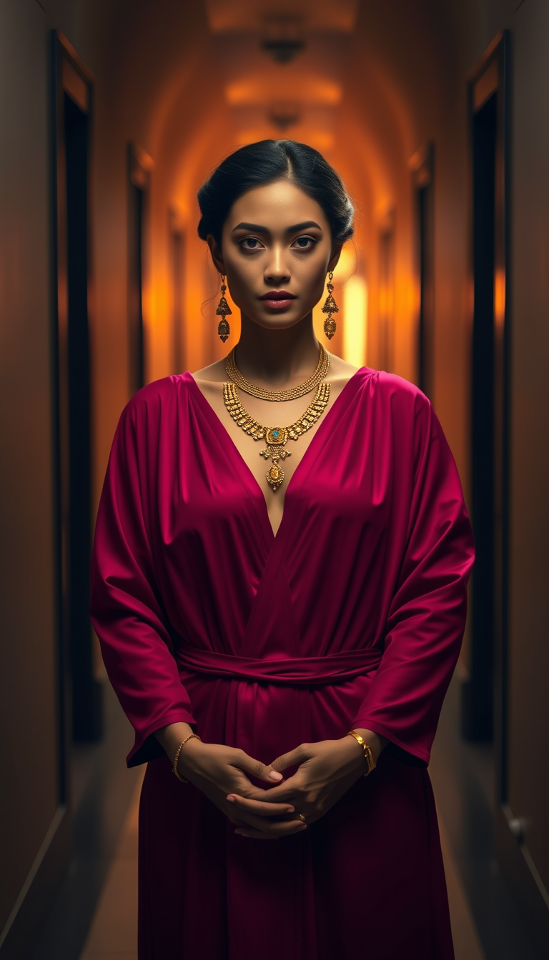 Main art studio: She stands in a dim corridor, centered, hands gently clasped at her waist, calm confident expression. Cinematic warm key light with soft rim lighting,