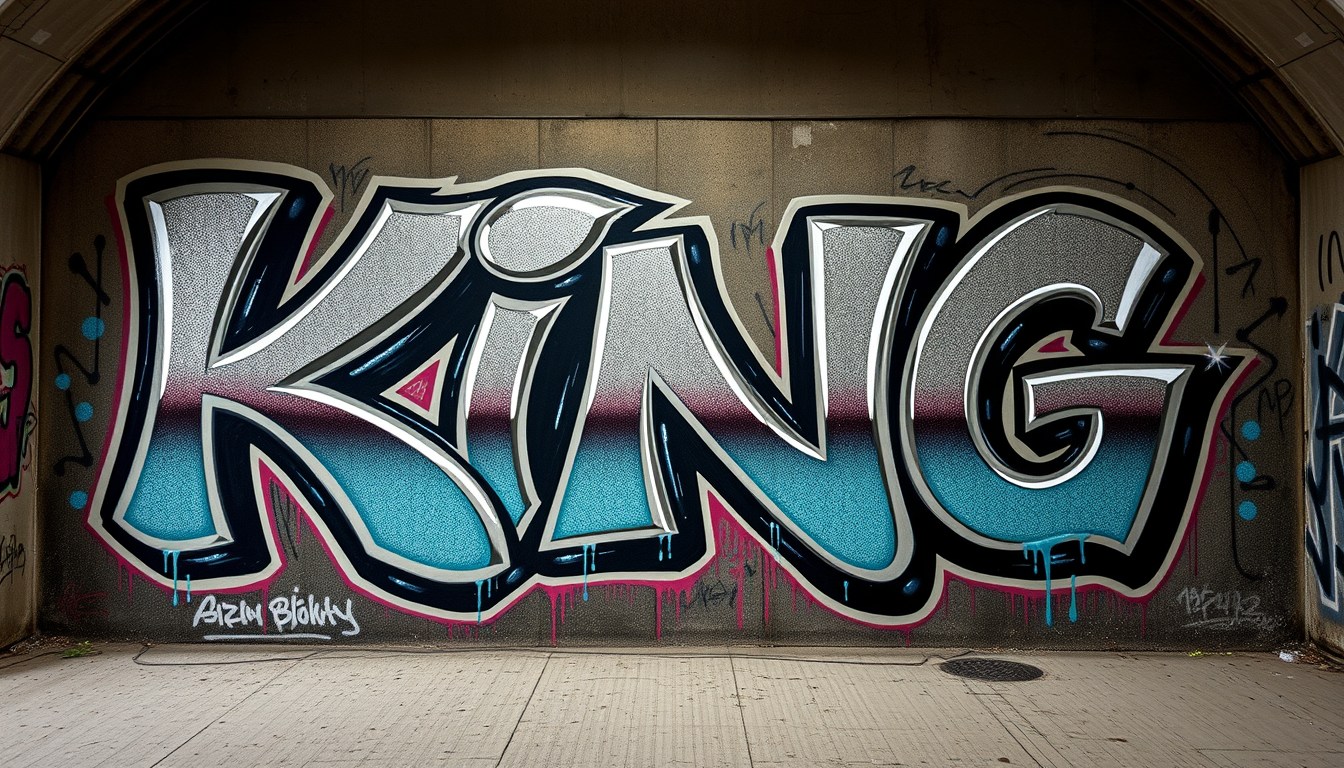 Graffiti idea: graffiti street art lettering, spray paint texture, bold urban style, bubble letters graffiti 'KING', chrome and blue drips, urban tunnel setting , vi