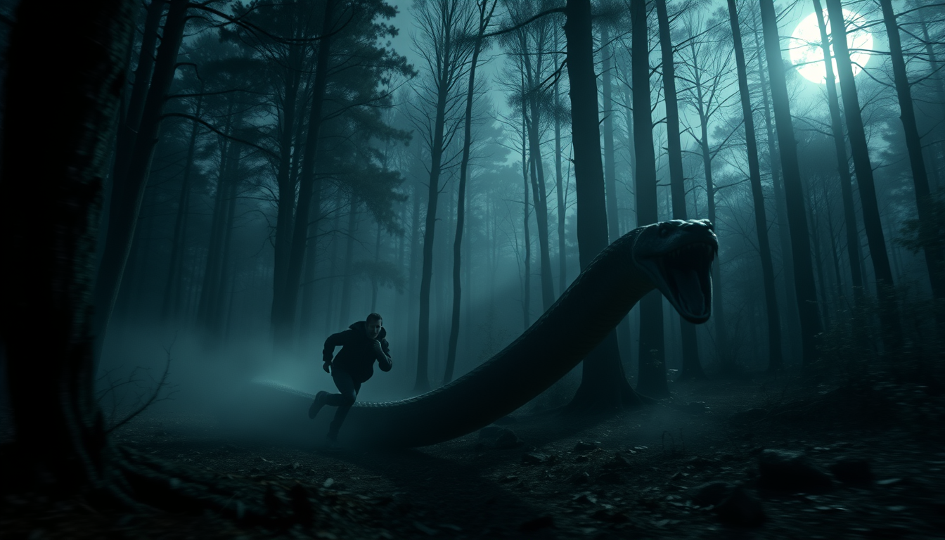 Main art studio: A frightened silhouette running through a dark ancient forest while a large realistic black snake moves rapidly behind him, moonlight breaking through