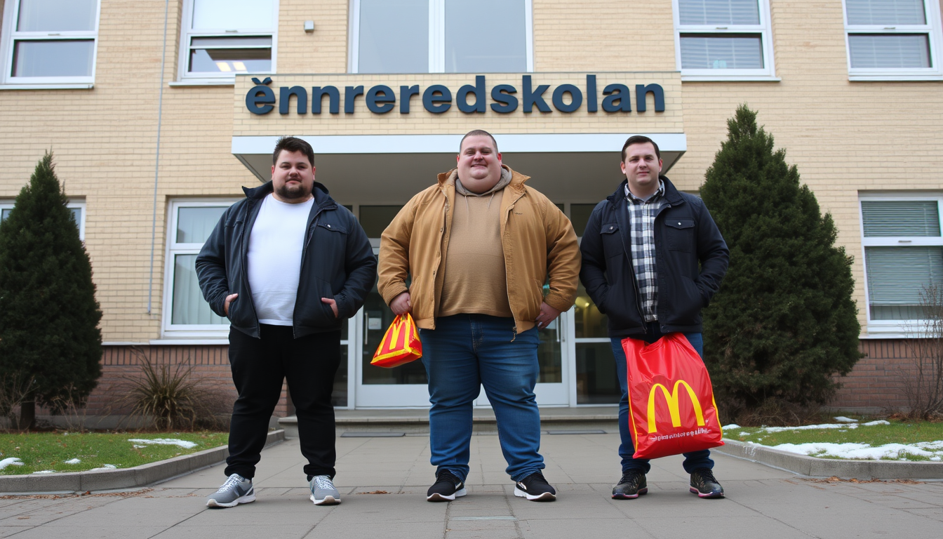 Main art studio: 3 guys 2 fat and 1 skinny front of school , school needs to have a sign that says "Önneredskolan" 1 of the fat guys needs to have a sig. That says im 
