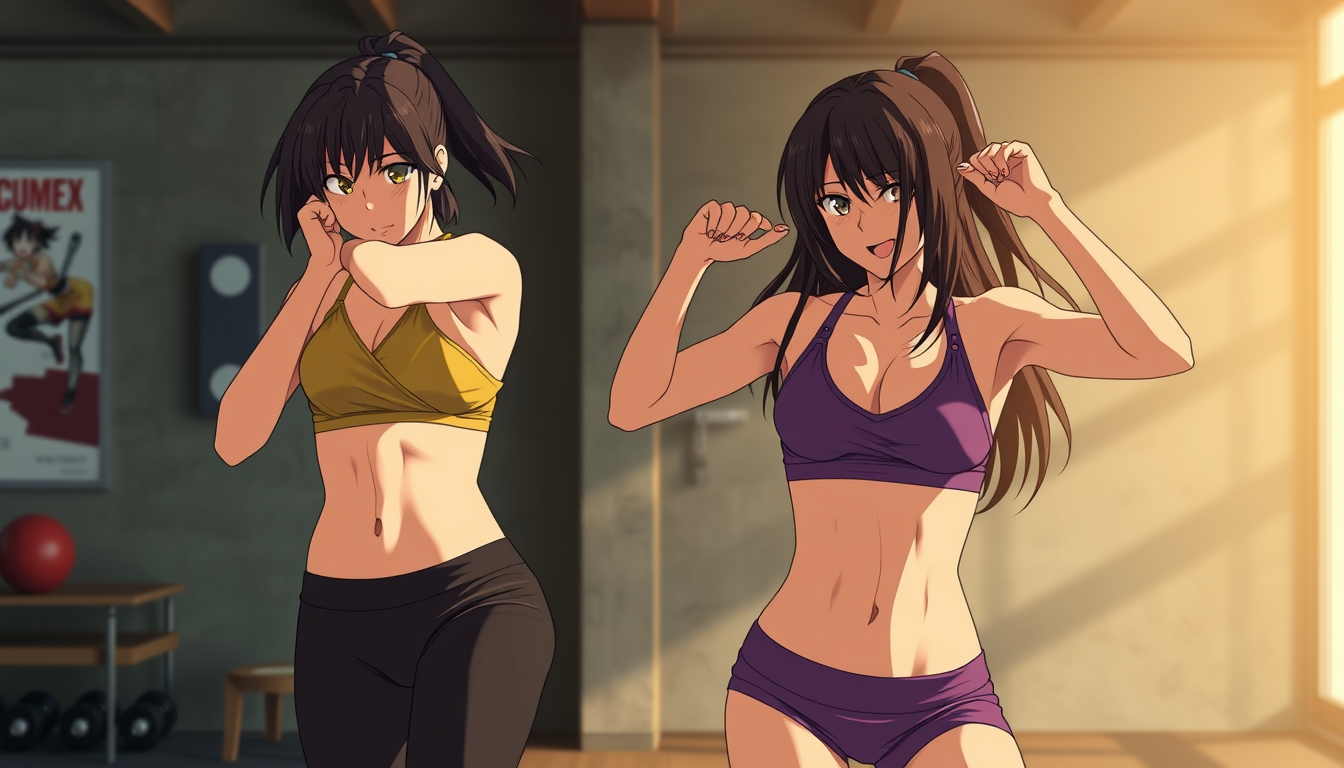Main art studio: Mikasa Ackerman and Yoruichi Shihōin as glamorous adult fitness influencers during an intense workout full body Abs toned bodies and sweat sexy Anime