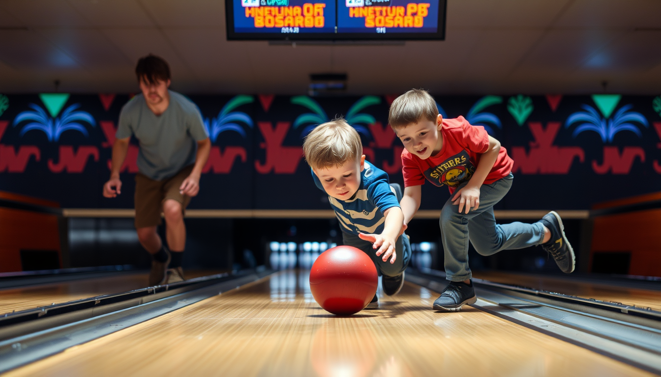 Main art studio: bowling spielen 1 erwachsener ein 17 und 18 jähriger und einmal ich 12 jahre und ca 1,50m groß ich bin grad dran und man sieht wie ich grade einen str