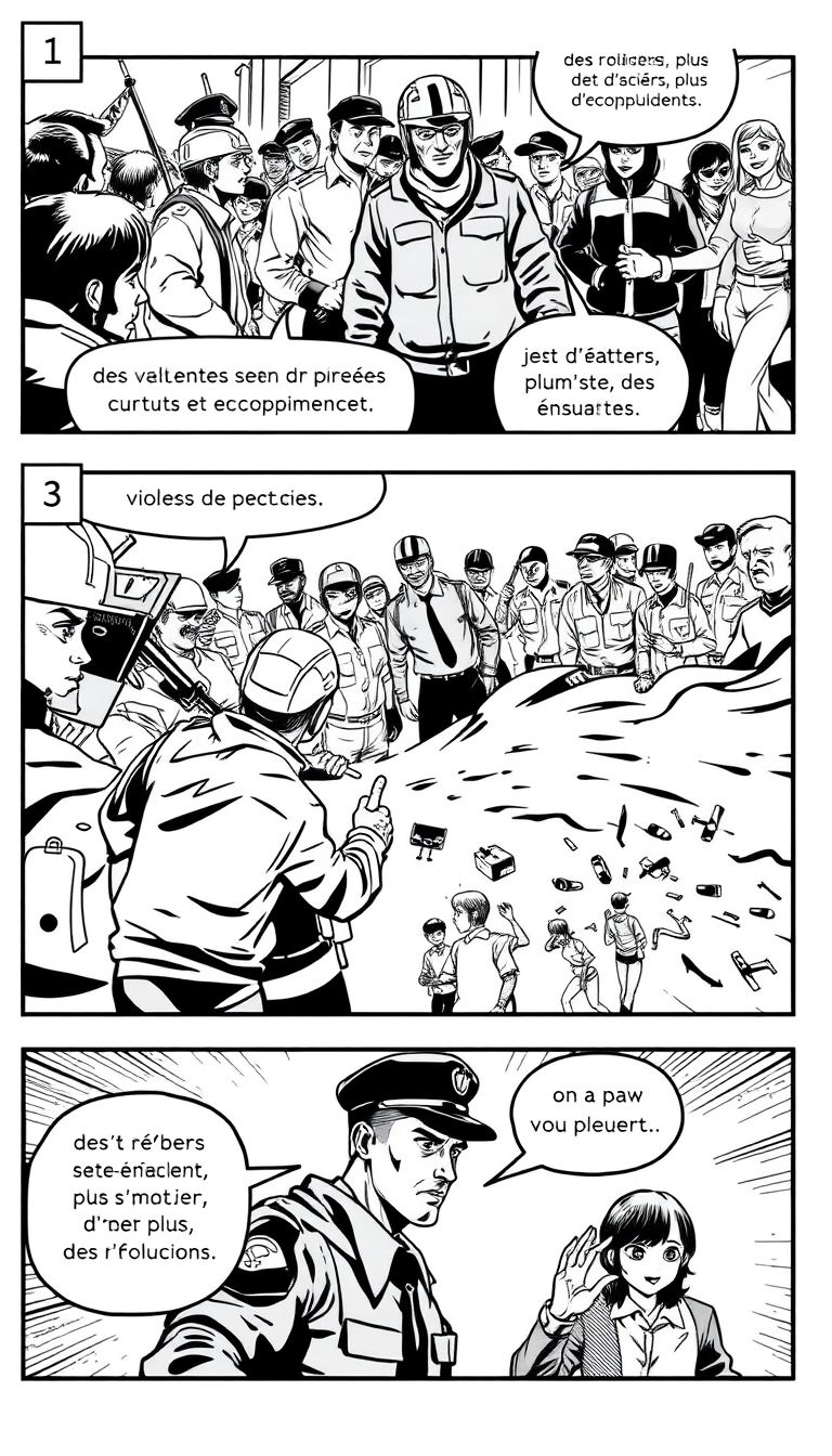 AI Comic idea created from the prompt: comic panel, bold inks, halftone shading, speech-bubble ready composition, Grid 1 : Des étudiants, réclament de meilleures conditions de tra