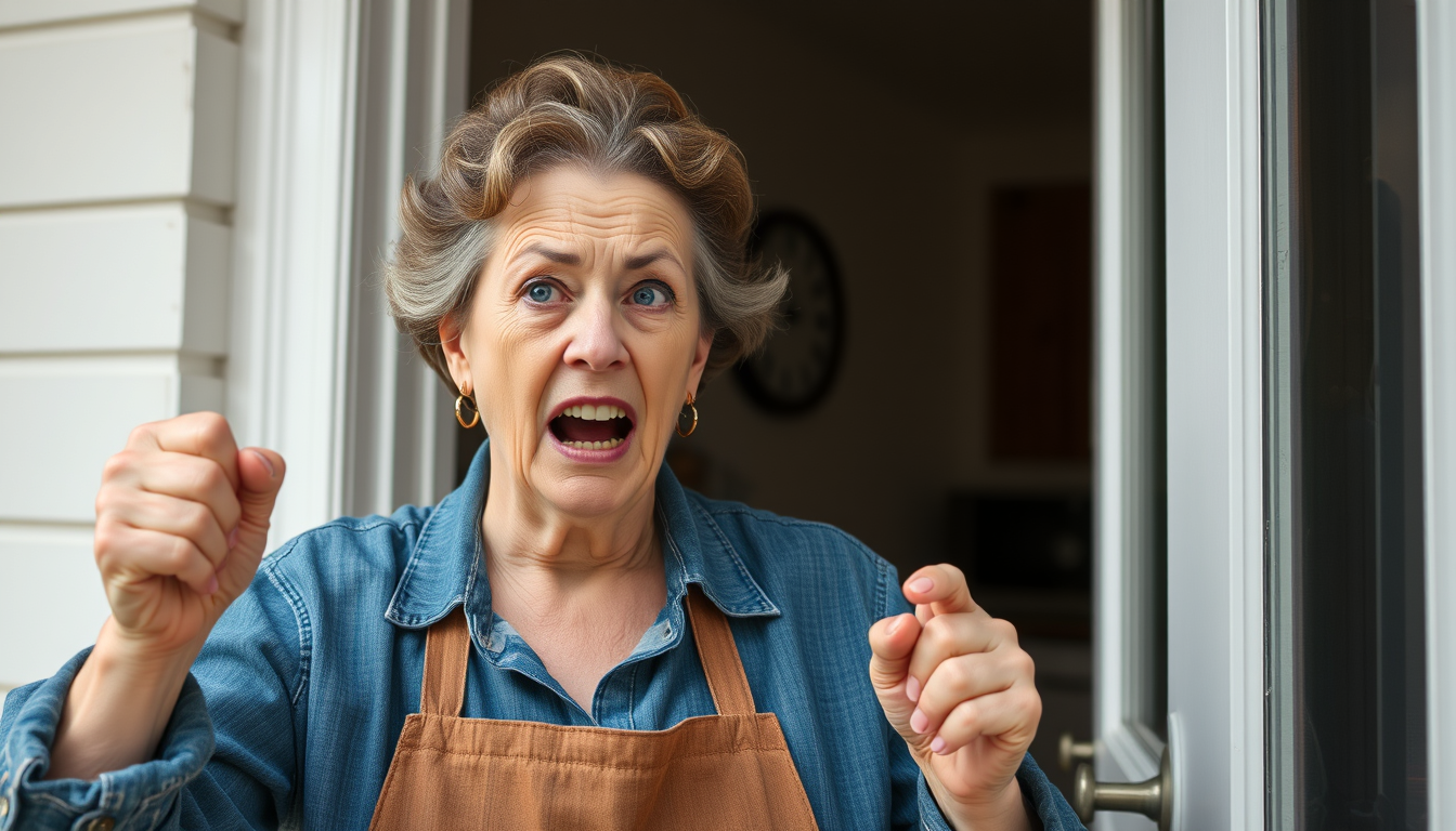 Main art studio: crazy wife with screwed up face wielding medium rolling pin one handed aloft by the handle angrily waiting at front door