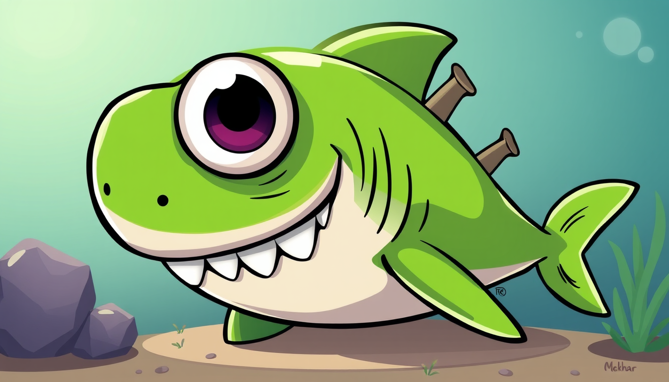 Main art studio: Funny 2D brainrot shark, goofy and silly, green shark, huge friendly round cartoon eyes, happy stupid smile, three cannons on its back, tiny fins, exa