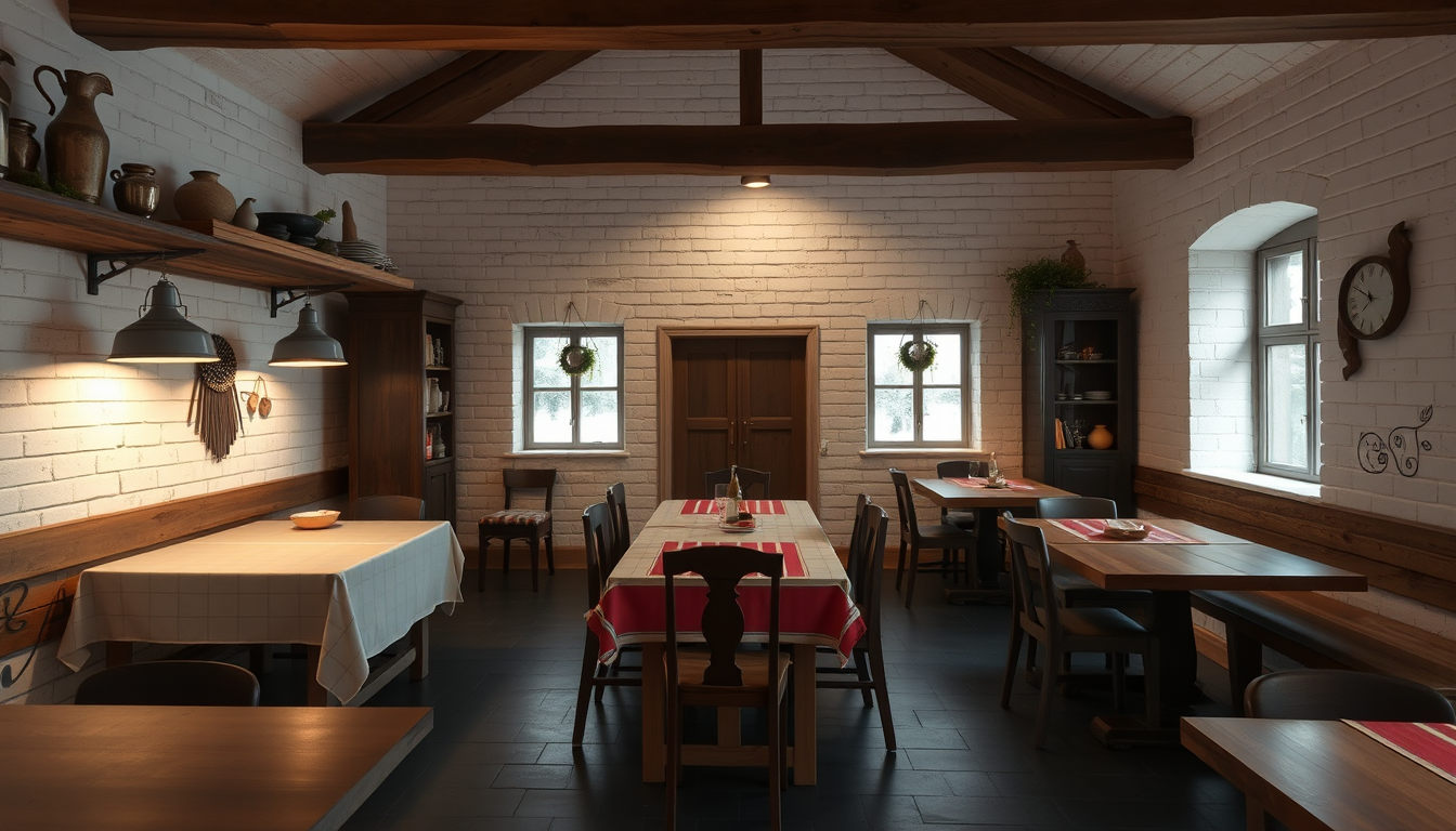 Main art studio: Eine kantine. Man soll die threse sehen wo gaz viel essen drauf ist aber man sollte auch stühle und Tische sehen. Die Wände weiss der Boden schwarz.