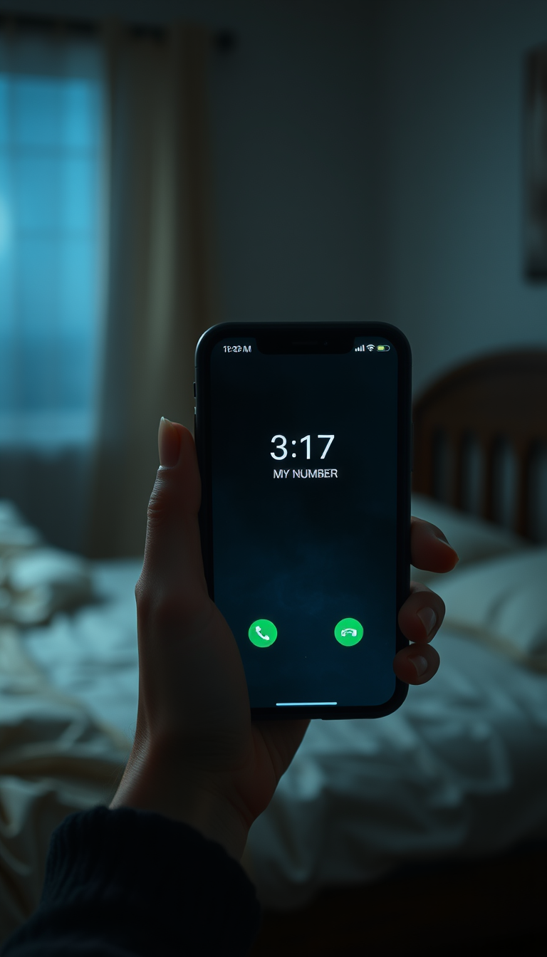 Main art studio: Create a realistic cinematic horror scene using the same young adult woman and the same bedroom from the reference image. Close-up shot of her smartph