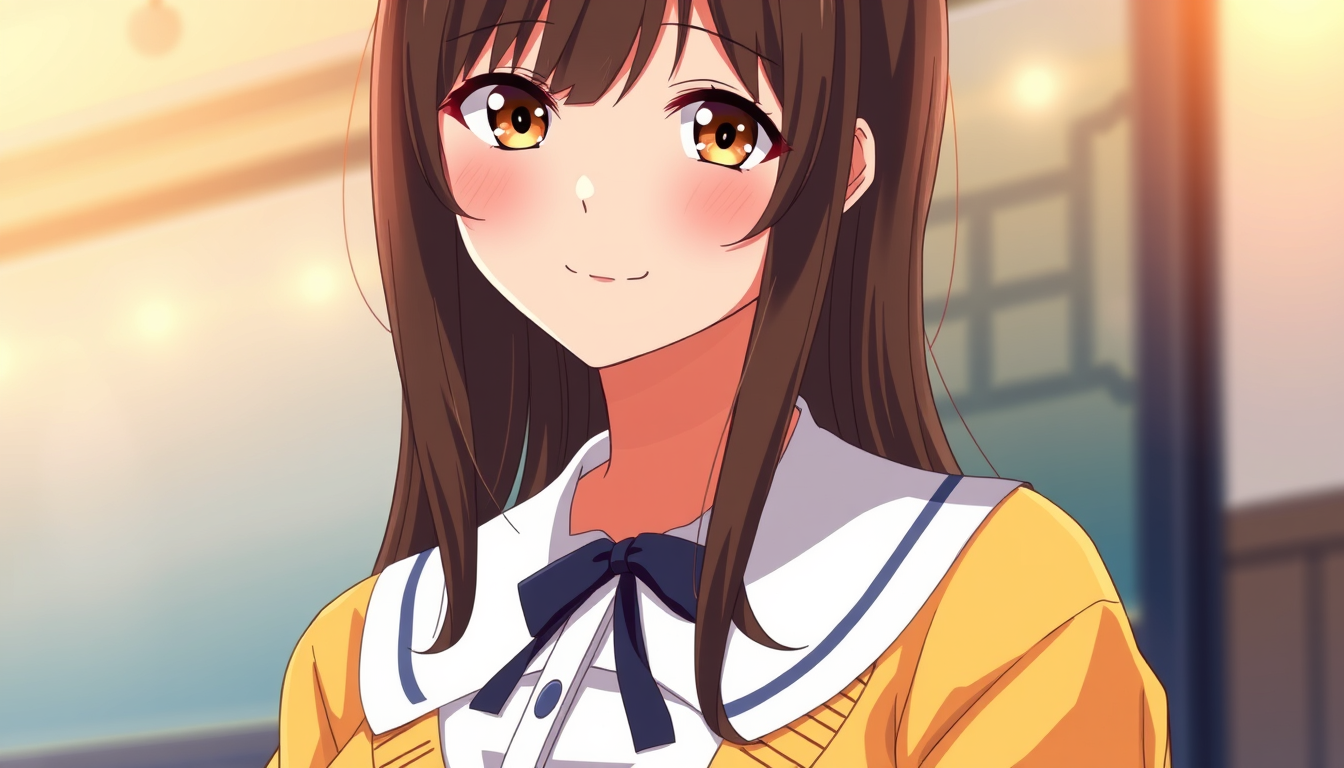 Anime idea: anime style, vibrant colors, expressive eyes, A beautiful Japanese romance anime girl, 17 years old, long dark brown hair, warm brown eyes, gentle smi