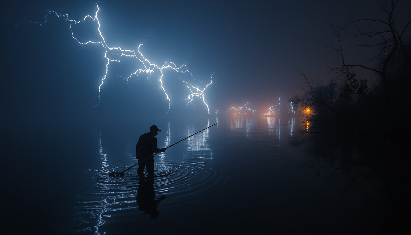 Main art studio: Un hombre pescando en un pantano de noche a la luz de las luciérnagas