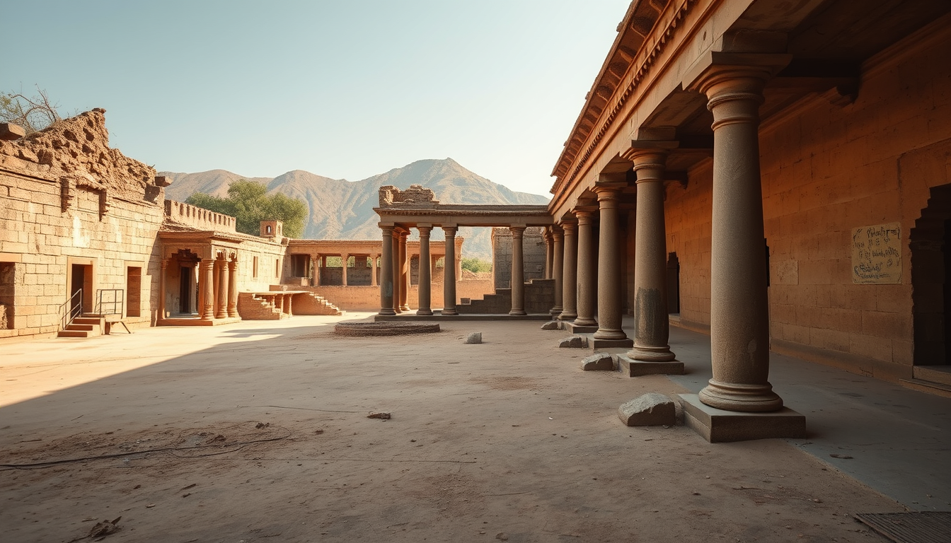 Main art studio: The real Bhangarh Fort in modern-day Rajasthan, empty sandstone courtyards, weathered temple pillars, ruined palace walls and dry vegetation, Aravalli