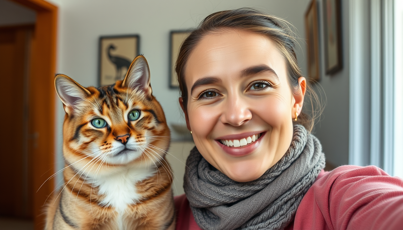 AI Selfie idea created from the prompt: reference-guided selfie-style portrait, natural face and expression, coherent wardrobe and background, a stupid looking cat and a smart look