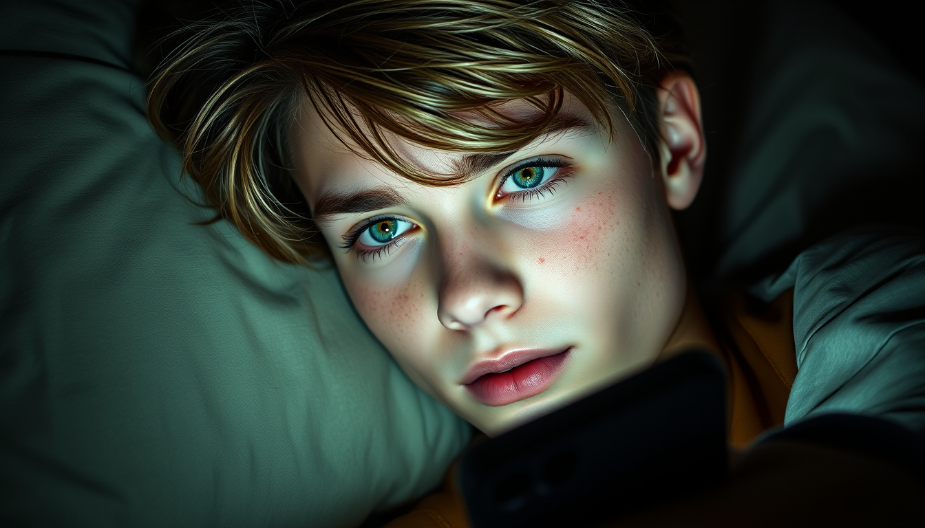Main art studio: Create a 15 year old realistic teenage boy with messy hair covering his forehead head and ending at the bottom of his skull, he has emerald coloured e
