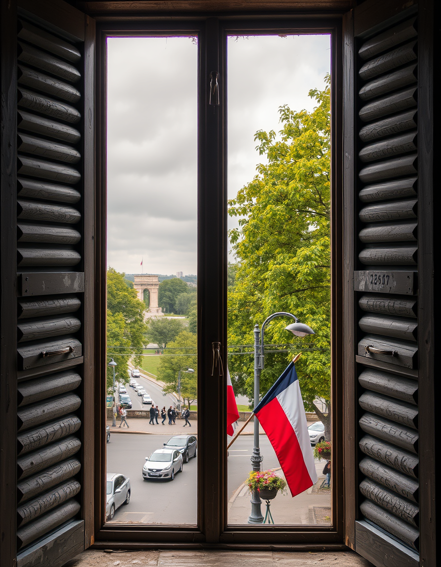 Main art studio: A view through an old window with shutters, overlooking Sigismund’s Column in Warsaw. Outside the window, there are lush green trees, and the entire s