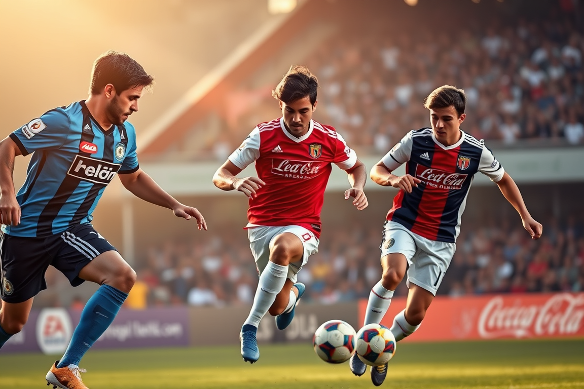 Main art studio: Genera una imagen de varios jugadores entrenando en un campo de fútbol, con tres jugadores en primer plano: Giovanni Di Lorenzo, jugador del Napoli, F