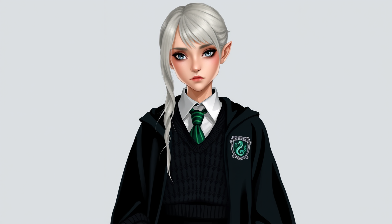 AI Art prompt example created from the prompt: Draconia Malfoy, a student of Hogwarts School of Witchcraft and Wizardry. A slender girl with silvery, white-blonde hair, cold light-grey ey