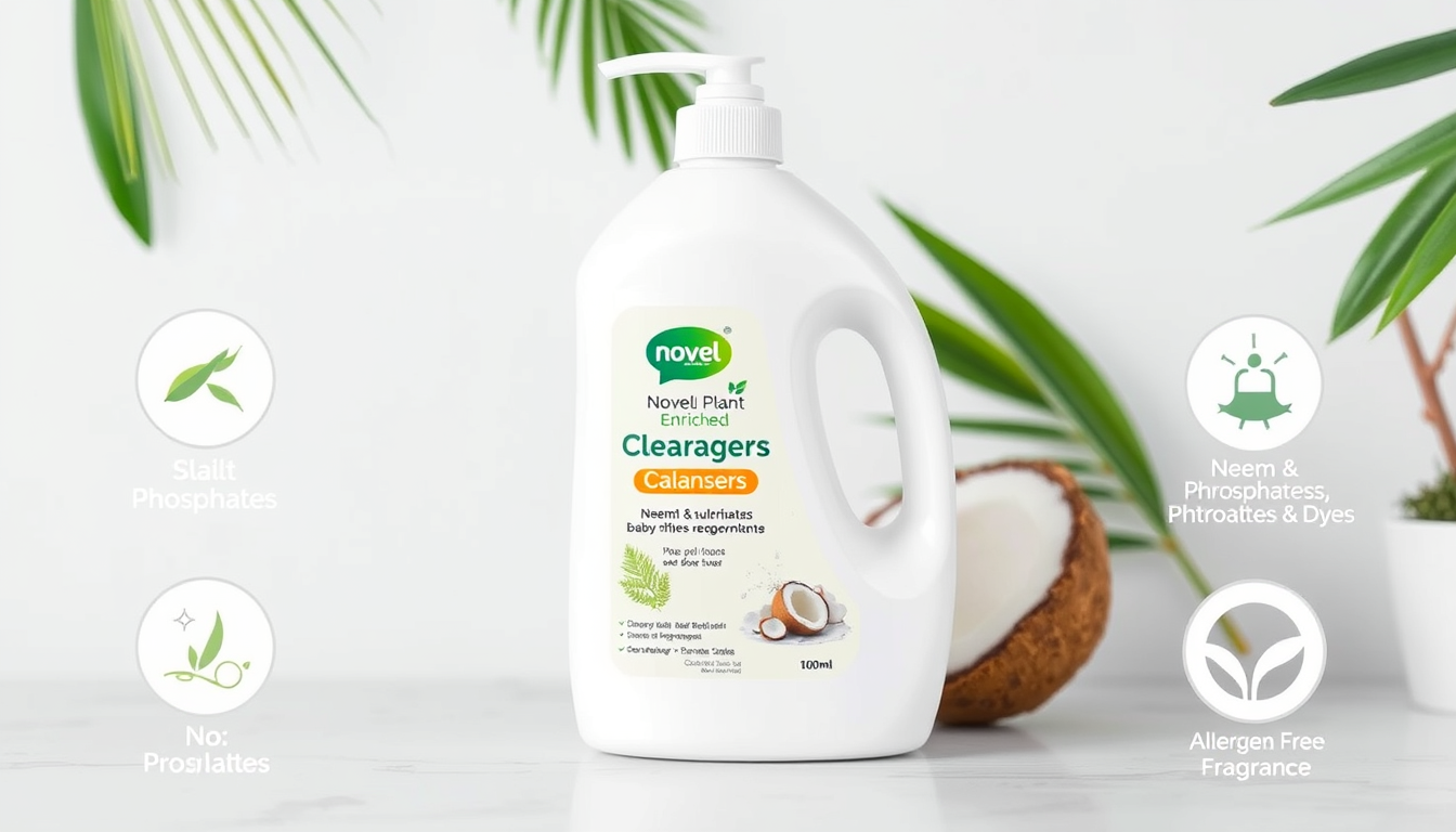 AI Art prompt example created from the prompt: Novel Plant Enriched Baby Liquid Detergent Refill Pack 1000ml | Neem & Coconut Cleansers | pH Balanced | No Phosphates, Sulphates, Parabens,