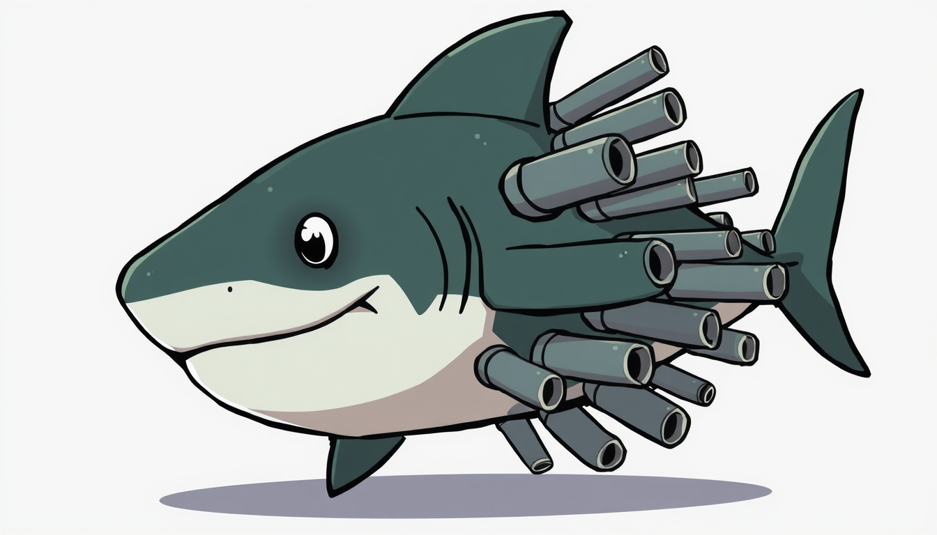Main art studio: 2D cartoon shark with MANY HUGE CANNONS attached directly to its body, back, fins, and sides. Cannons are the most important feature. Green and black