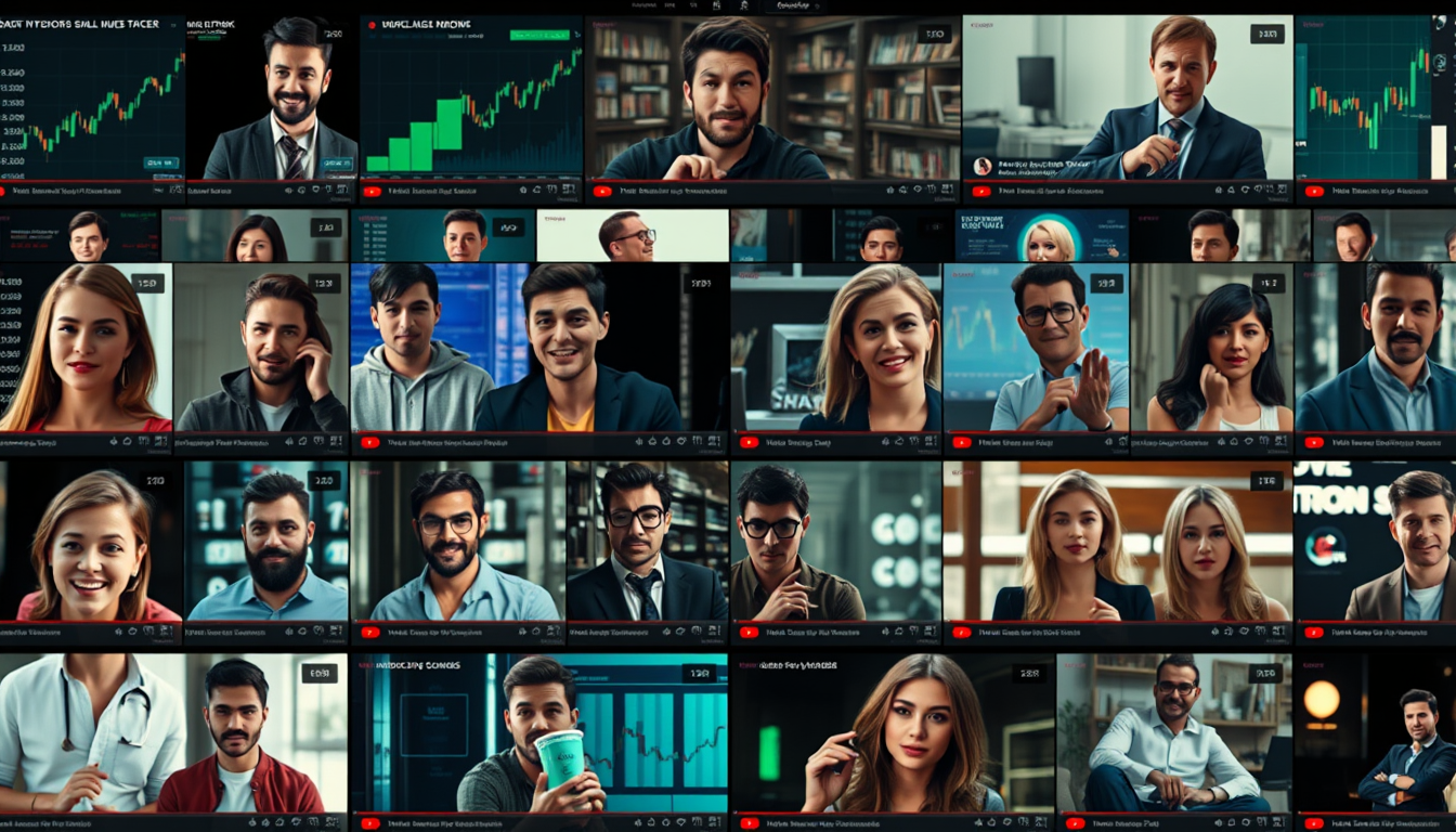 Main art studio: Fast cinematic montage of many fake YouTube finance thumbnails, featuring different young male and female financial influencers aged 25-40, stylish mo