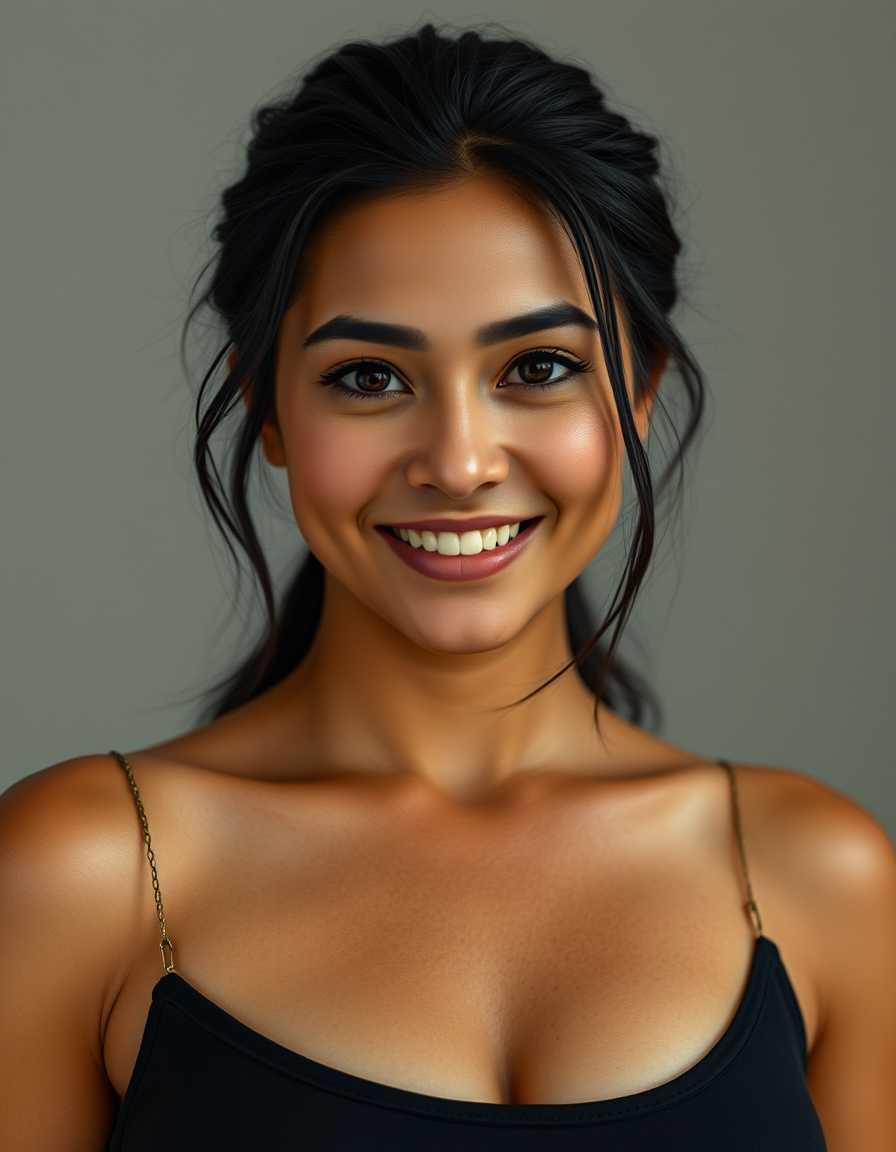 Main art studio: Photorealistic full-body adult woman with a soft oval face, rounded cheeks, dark almond eyes, full dark brows, straight narrow nose, medium-full lips,